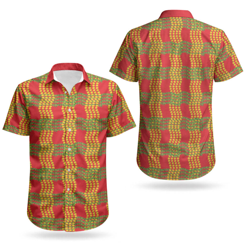 Aloha Hawaii Ilima Maile Lei Couples Matching Off Shoulder Maxi Dress and Hawaiian Shirt Palaka Inspired Hawaiian-plaid Red