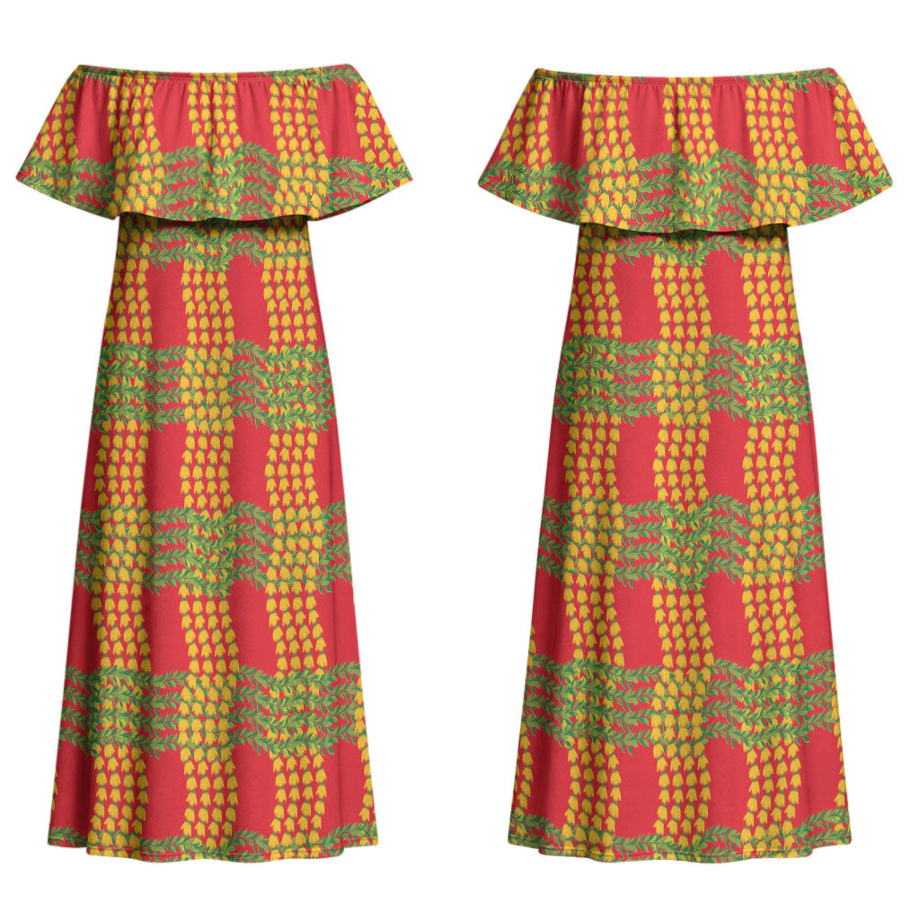 Aloha Hawaii Ilima Maile Lei Couples Matching Off Shoulder Maxi Dress and Hawaiian Shirt Palaka Inspired Hawaiian-plaid Red