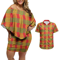 Aloha Hawaii Ilima Maile Lei Couples Matching Off Shoulder Short Dress and Hawaiian Shirt Palaka Inspired Hawaiian-plaid Red