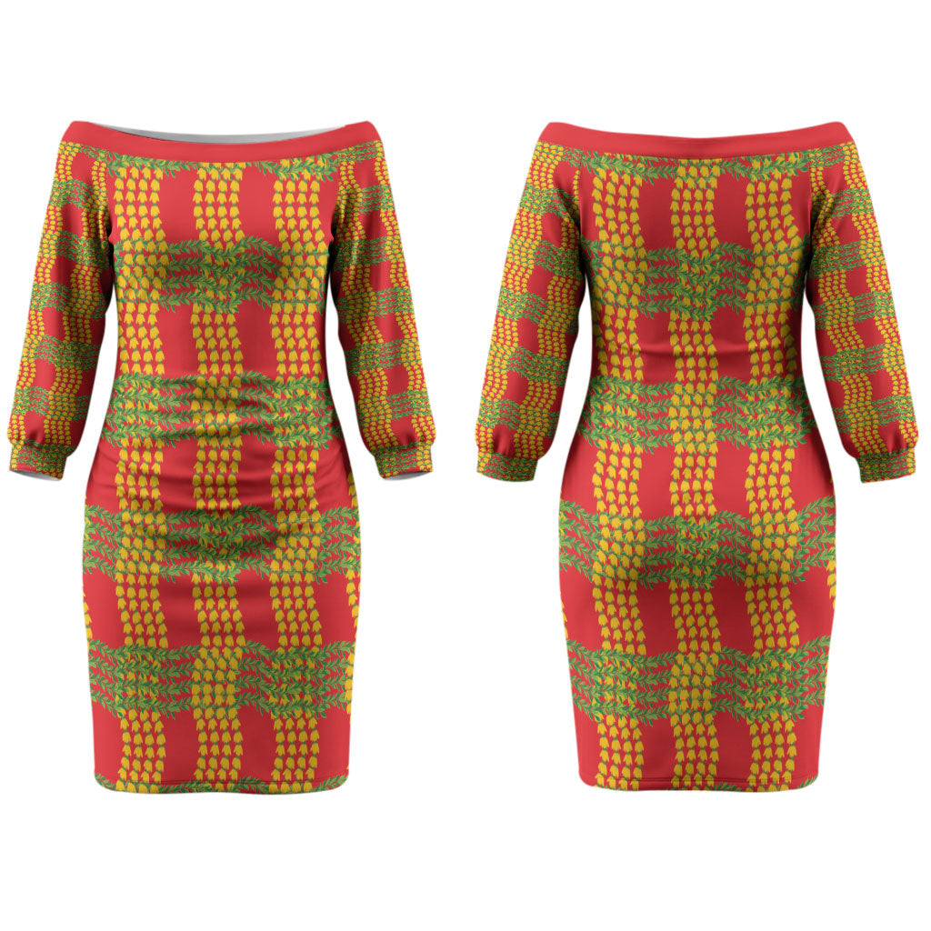 Aloha Hawaii Ilima Maile Lei Couples Matching Off The Shoulder Long Sleeve Dress and Hawaiian Shirt Palaka Inspired Hawaiian-plaid Red