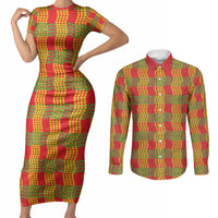 Aloha Hawaii Ilima Maile Lei Couples Matching Short Sleeve Bodycon Dress and Long Sleeve Button Shirt Palaka Inspired Hawaiian-plaid Red
