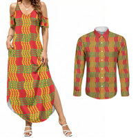 Aloha Hawaii Ilima Maile Lei Couples Matching Summer Maxi Dress and Long Sleeve Button Shirt Palaka Inspired Hawaiian-plaid Red