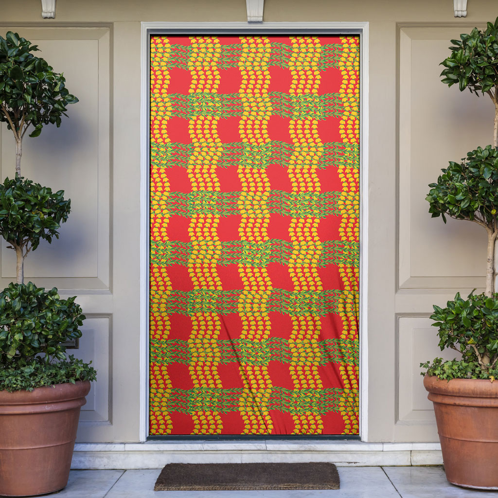 Aloha Hawaii Ilima Maile Lei Door Cover Palaka Inspired Hawaiian-plaid Red