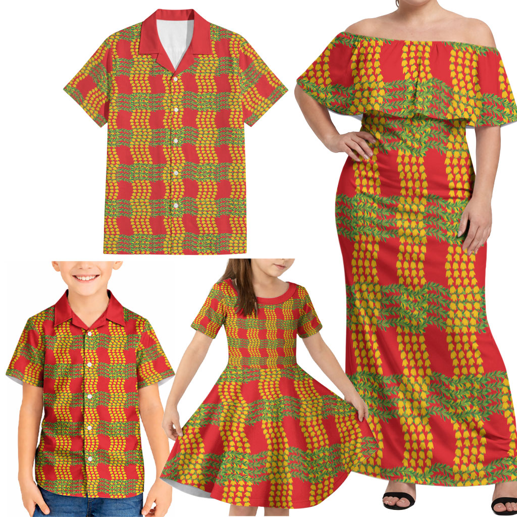 Aloha Hawaii Ilima Maile Lei Family Matching Off Shoulder Maxi Dress and Hawaiian Shirt Palaka Inspired Hawaiian-plaid Red