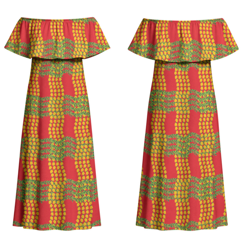 Aloha Hawaii Ilima Maile Lei Family Matching Off Shoulder Maxi Dress and Hawaiian Shirt Palaka Inspired Hawaiian-plaid Red