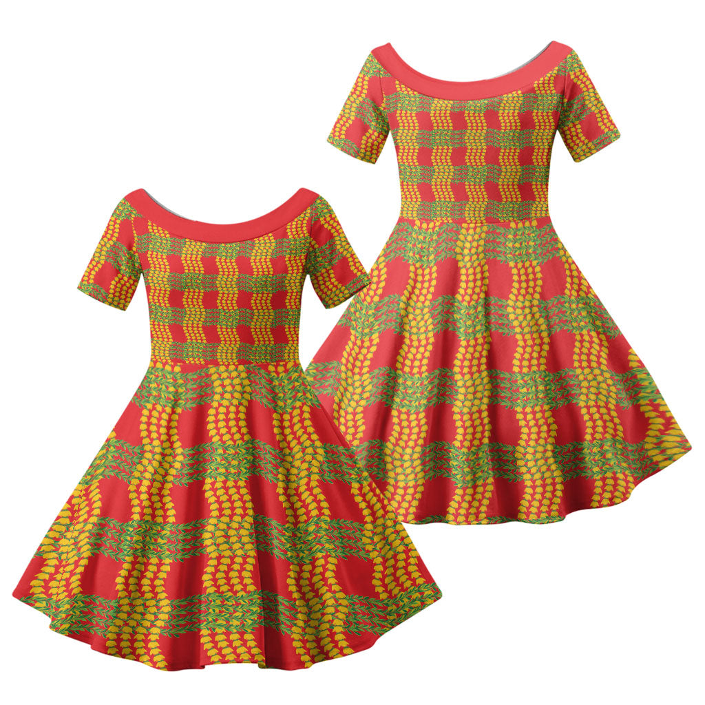 Aloha Hawaii Ilima Maile Lei Family Matching Off Shoulder Short Dress and Hawaiian Shirt Palaka Inspired Hawaiian-plaid Red
