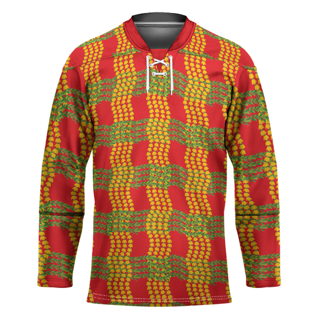 Aloha Hawaii Ilima Maile Lei Hockey Jersey Palaka Inspired Hawaiian-plaid Red