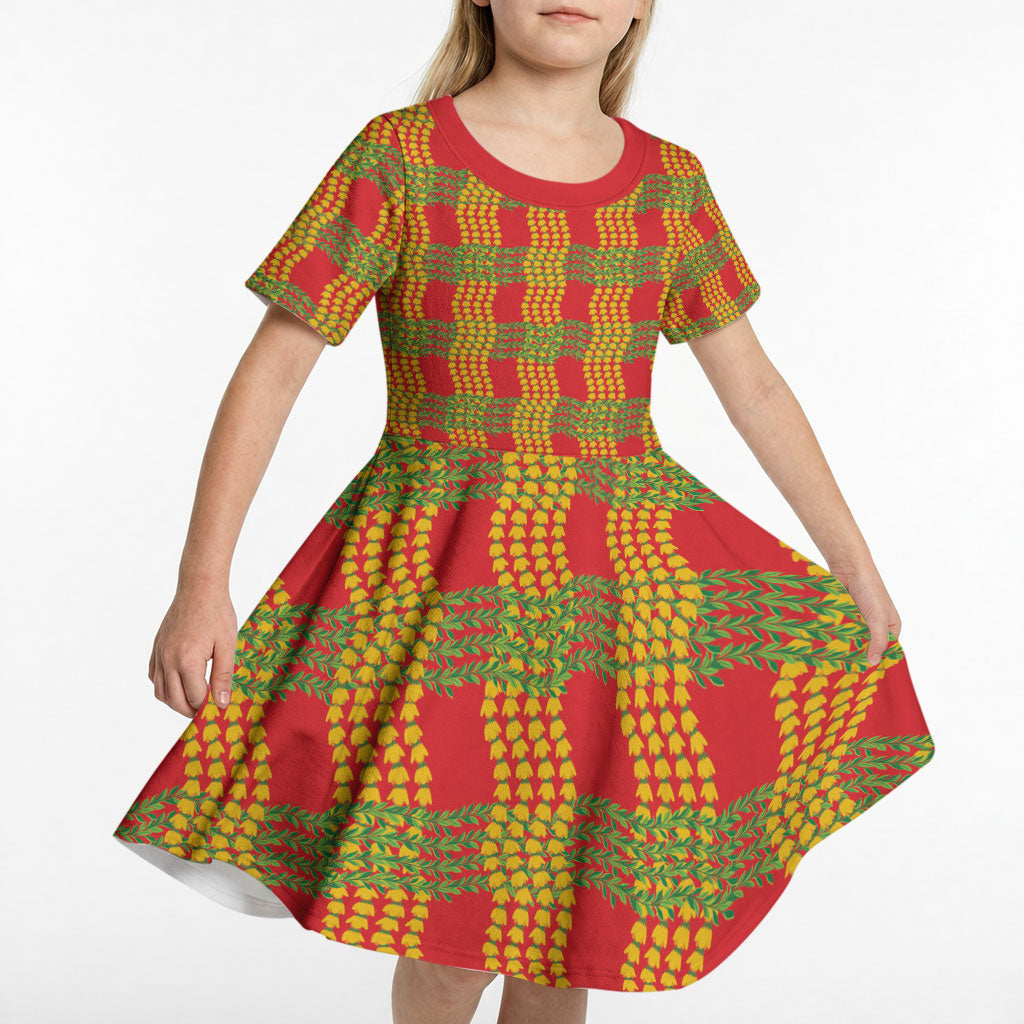 Aloha Hawaii Ilima Maile Lei Kid Short Sleeve Dress Palaka Inspired Hawaiian-plaid Red