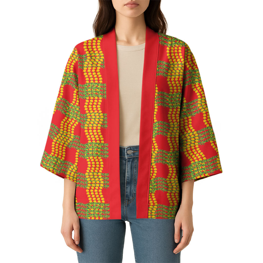 Aloha Hawaii Ilima Maile Lei Kimono Palaka Inspired Hawaiian-plaid Red