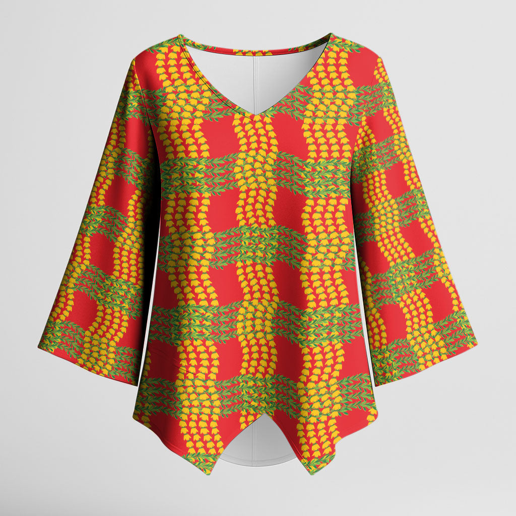 Aloha Hawaii Ilima Maile Lei Kimono Sleeve Blouse Palaka Inspired Hawaiian-plaid Red