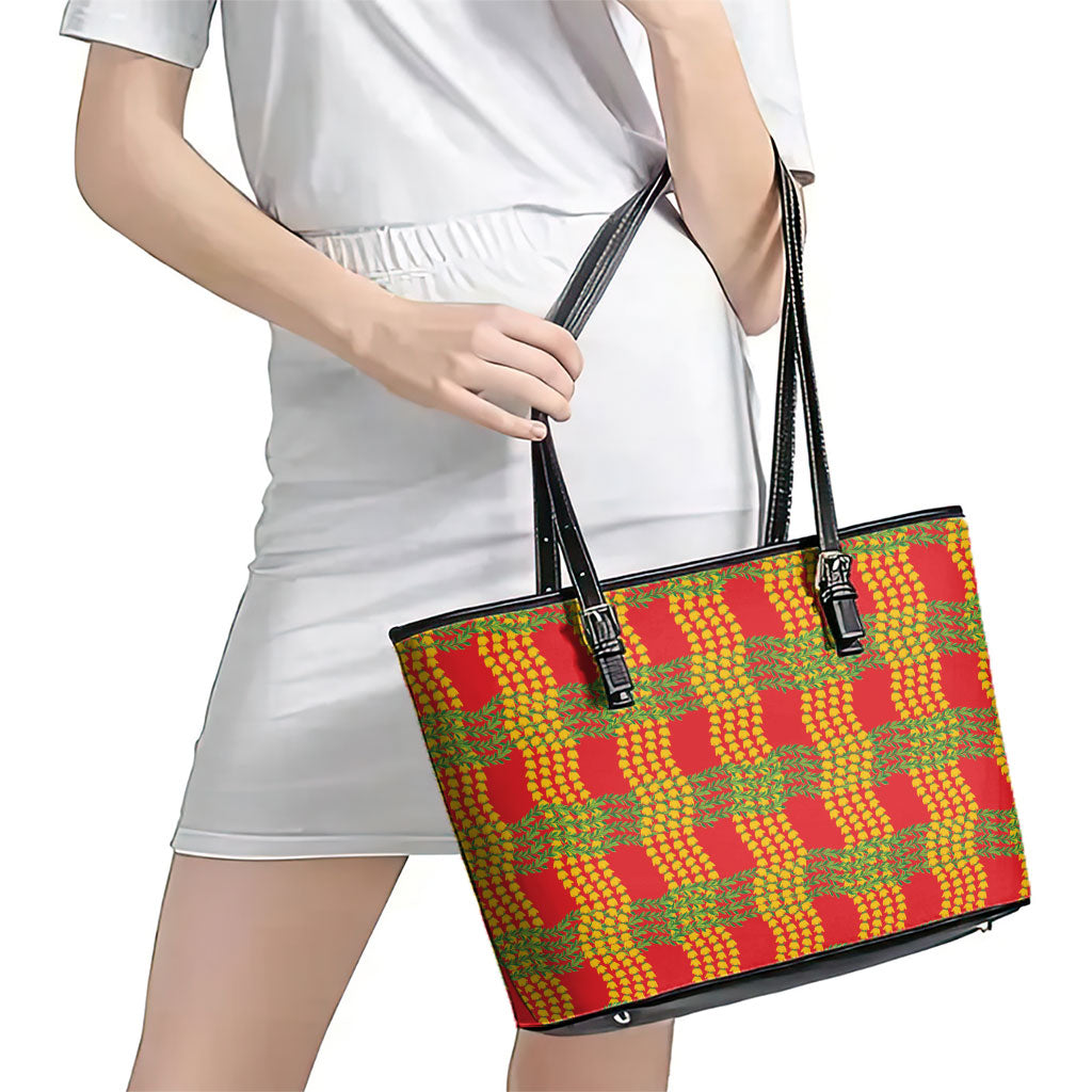 Aloha Hawaii Ilima Maile Lei Leather Tote Bag Palaka Inspired Hawaiian-plaid Red