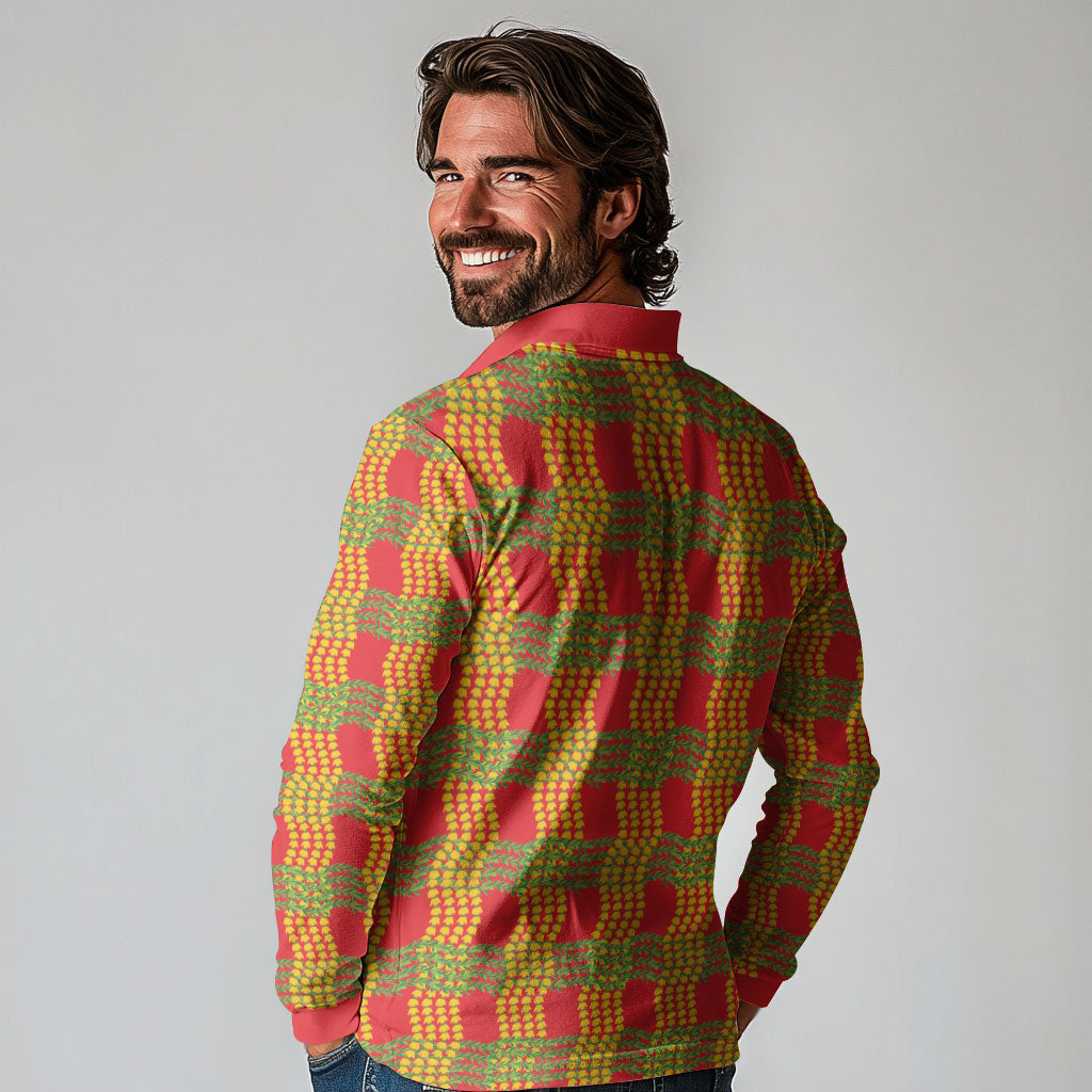 Aloha Hawaii Ilima Maile Lei Long Sleeve Polo Shirt Palaka Inspired Hawaiian-plaid Red