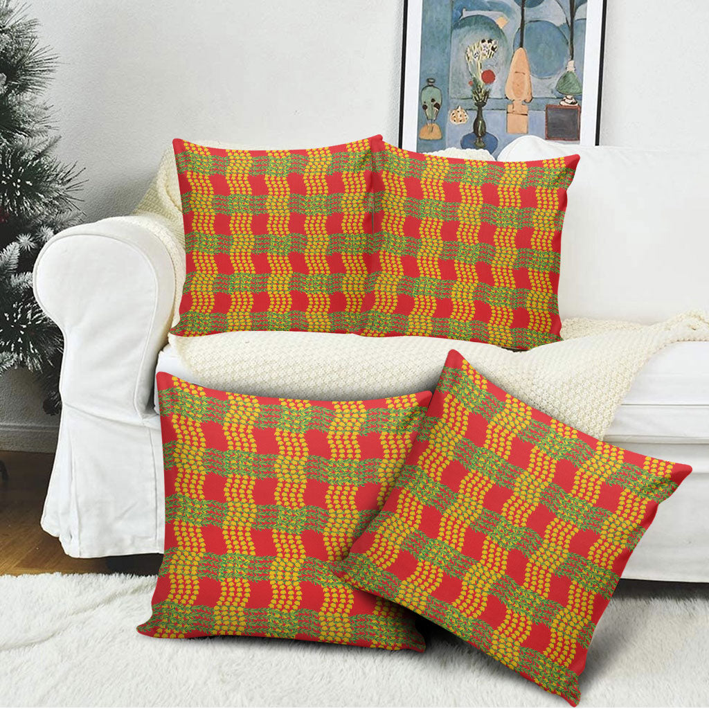 Aloha Hawaii Ilima Maile Lei Pillow Cover Palaka Inspired Hawaiian-plaid Red