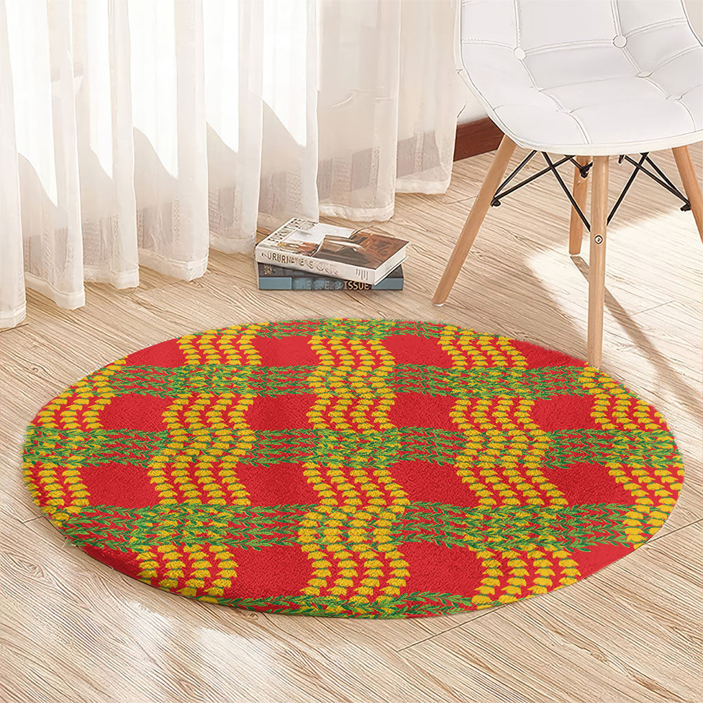 Aloha Hawaii Ilima Maile Lei Round Carpet Palaka Inspired Hawaiian-plaid Red