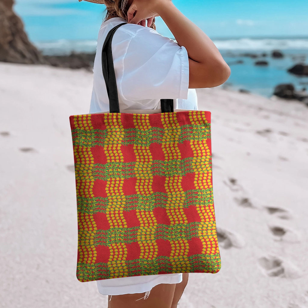 Aloha Hawaii Ilima Maile Lei Tote Bag Palaka Inspired Hawaiian-plaid Red