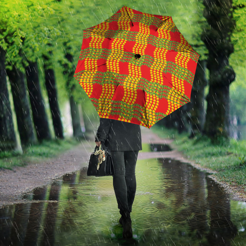 Aloha Hawaii Ilima Maile Lei Umbrella Palaka Inspired Hawaiian-plaid Red