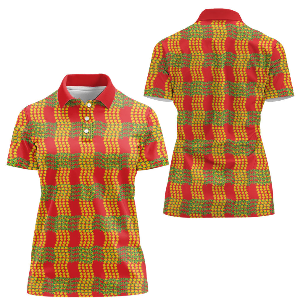 Aloha Hawaii Ilima Maile Lei Women Polo Shirt Palaka Inspired Hawaiian-plaid Red