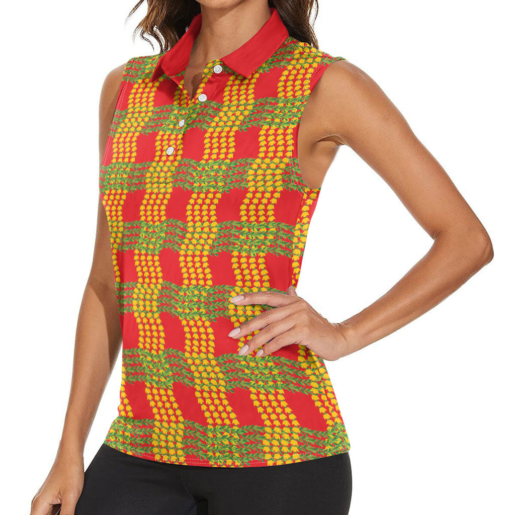 Aloha Hawaii Ilima Maile Lei Women Sleeveless Polo Shirt Palaka Inspired Hawaiian-plaid Red