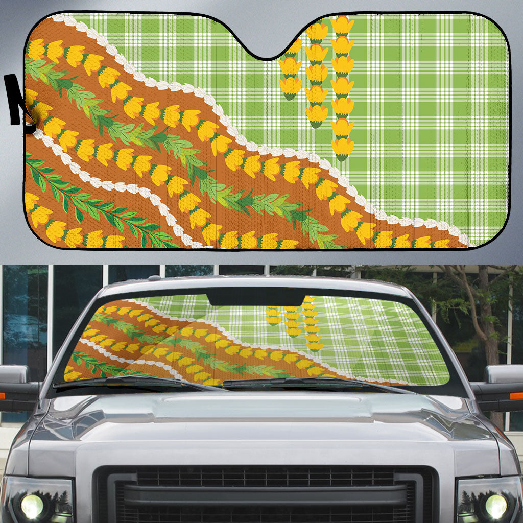 Hawaii Leis Palaka Motifs Auto Sun Shade Pikake Pakalana Maile Ilima Kakau Style LT14 Multicolor - Polynesian Pride