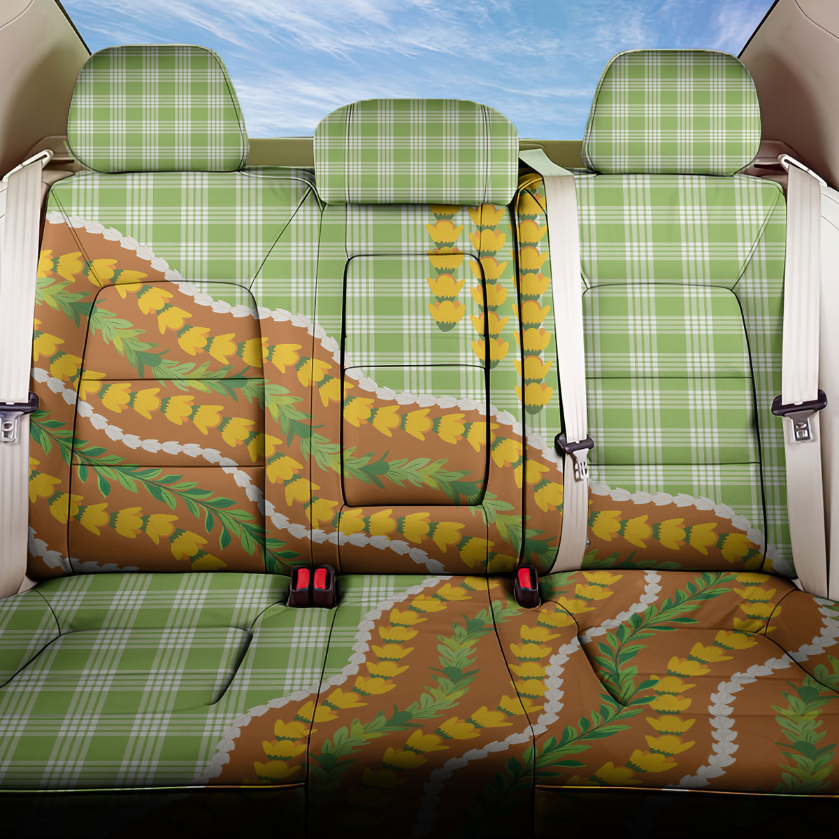 Hawaii Leis Palaka Motifs Back Car Seat Cover Pikake Pakalana Maile Ilima Kakau Style