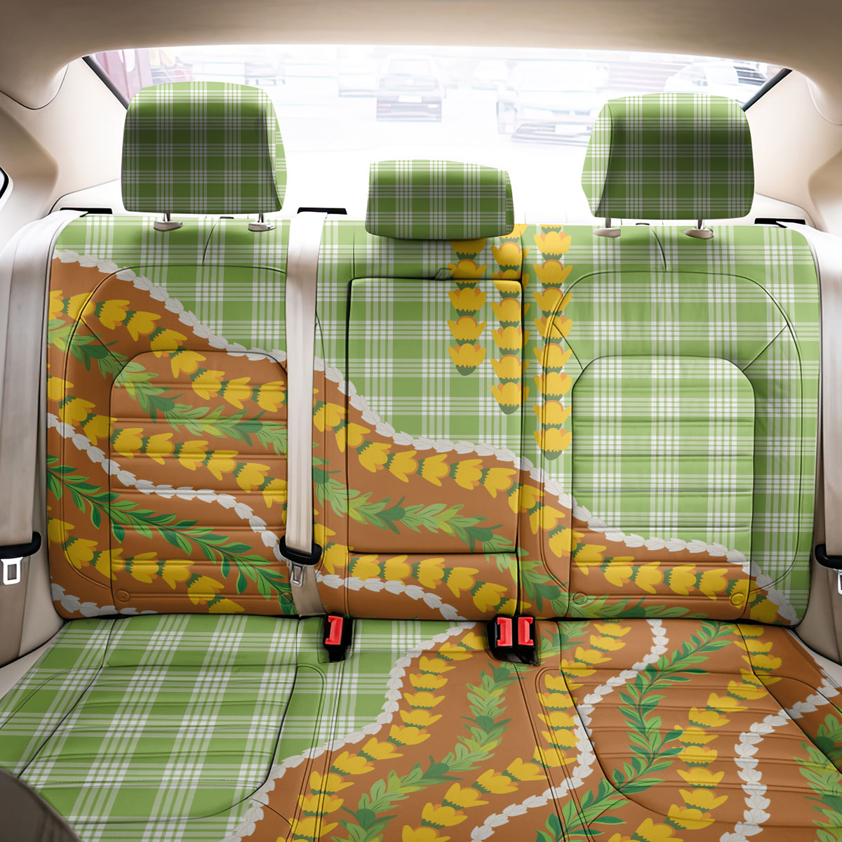 Hawaii Leis Palaka Motifs Back Car Seat Cover Pikake Pakalana Maile Ilima Kakau Style