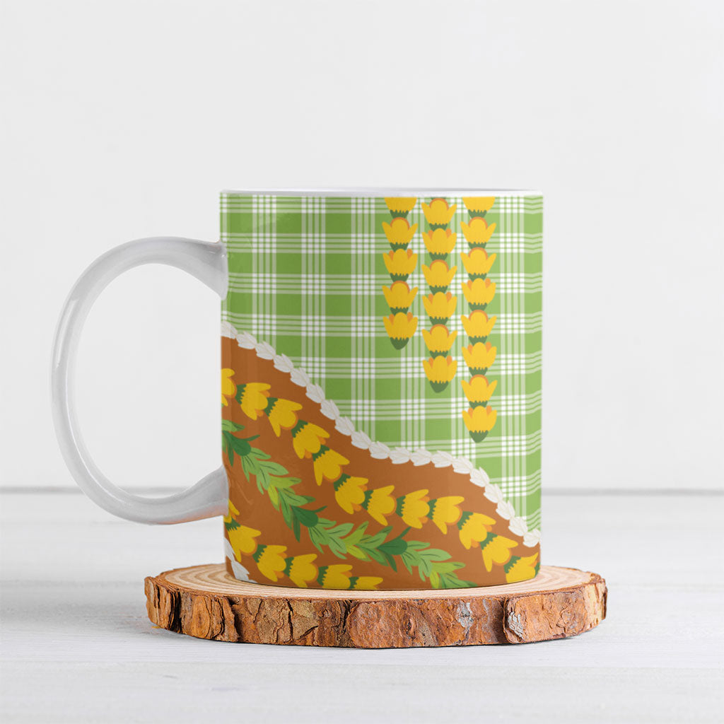 Hawaii Leis Palaka Motifs Ceramic Mug Pikake Pakalana Maile Ilima Kakau Style LT14 Multicolor - Polynesian Pride