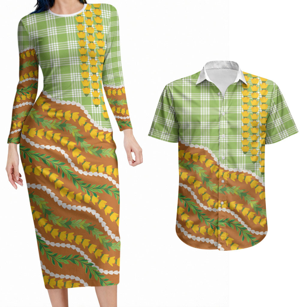 Hawaii Leis Palaka Motifs Couples Matching Long Sleeve Bodycon Dress and Hawaiian Shirt Pikake Pakalana Maile Ilima Kakau Style LT14 Multicolor - Polynesian Pride