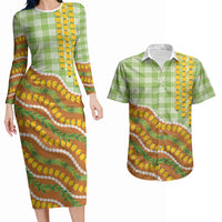 Hawaii Leis Palaka Motifs Couples Matching Long Sleeve Bodycon Dress and Hawaiian Shirt Pikake Pakalana Maile Ilima Kakau Style