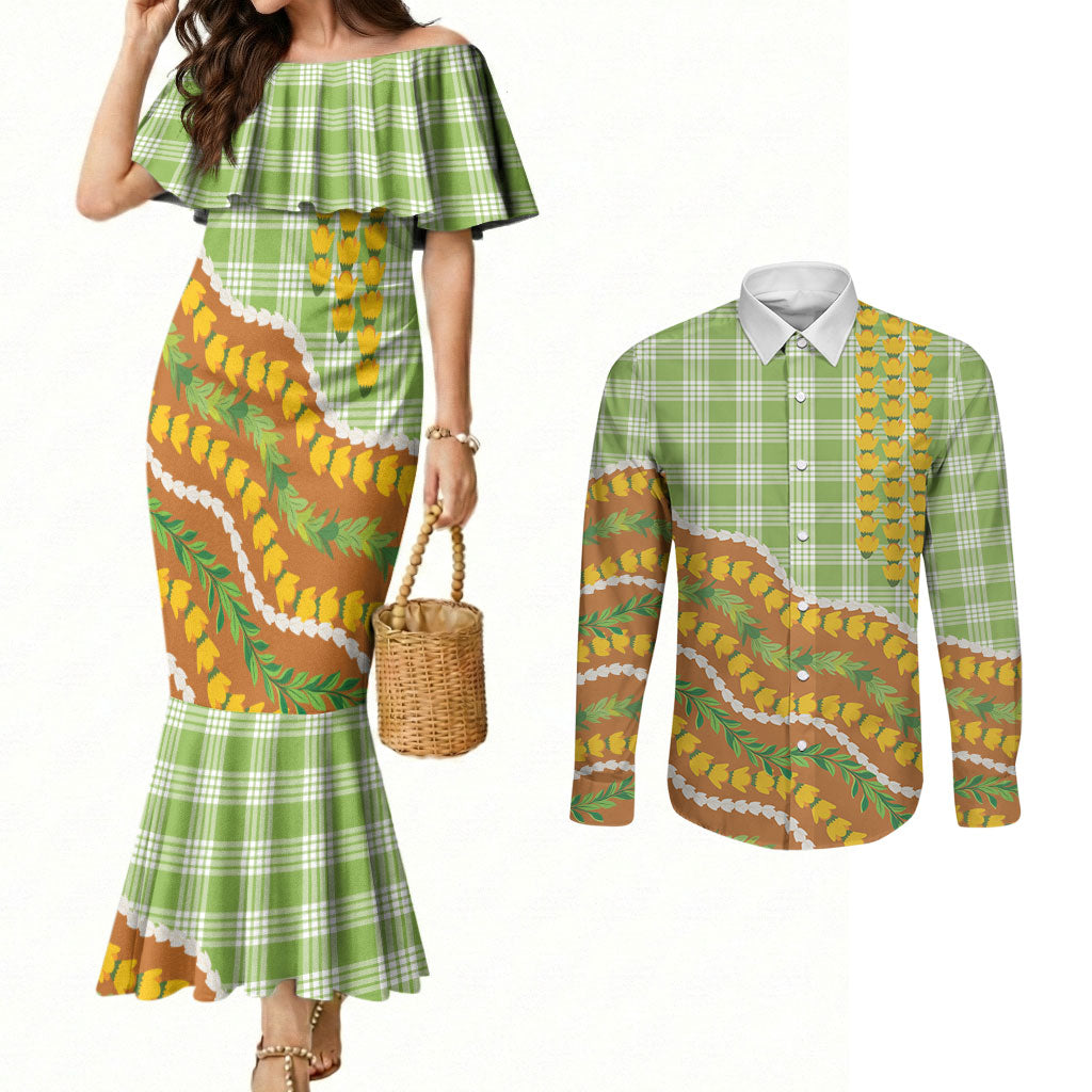 Hawaii Leis Palaka Motifs Couples Matching Mermaid Dress and Long Sleeve Button Shirt Pikake Pakalana Maile Ilima Kakau Style LT14 Multicolor - Polynesian Pride
