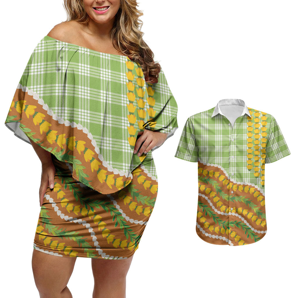 Hawaii Leis Palaka Motifs Couples Matching Off Shoulder Short Dress and Hawaiian Shirt Pikake Pakalana Maile Ilima Kakau Style