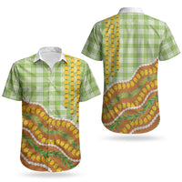 Hawaii Leis Palaka Motifs Couples Matching Off Shoulder Short Dress and Hawaiian Shirt Pikake Pakalana Maile Ilima Kakau Style