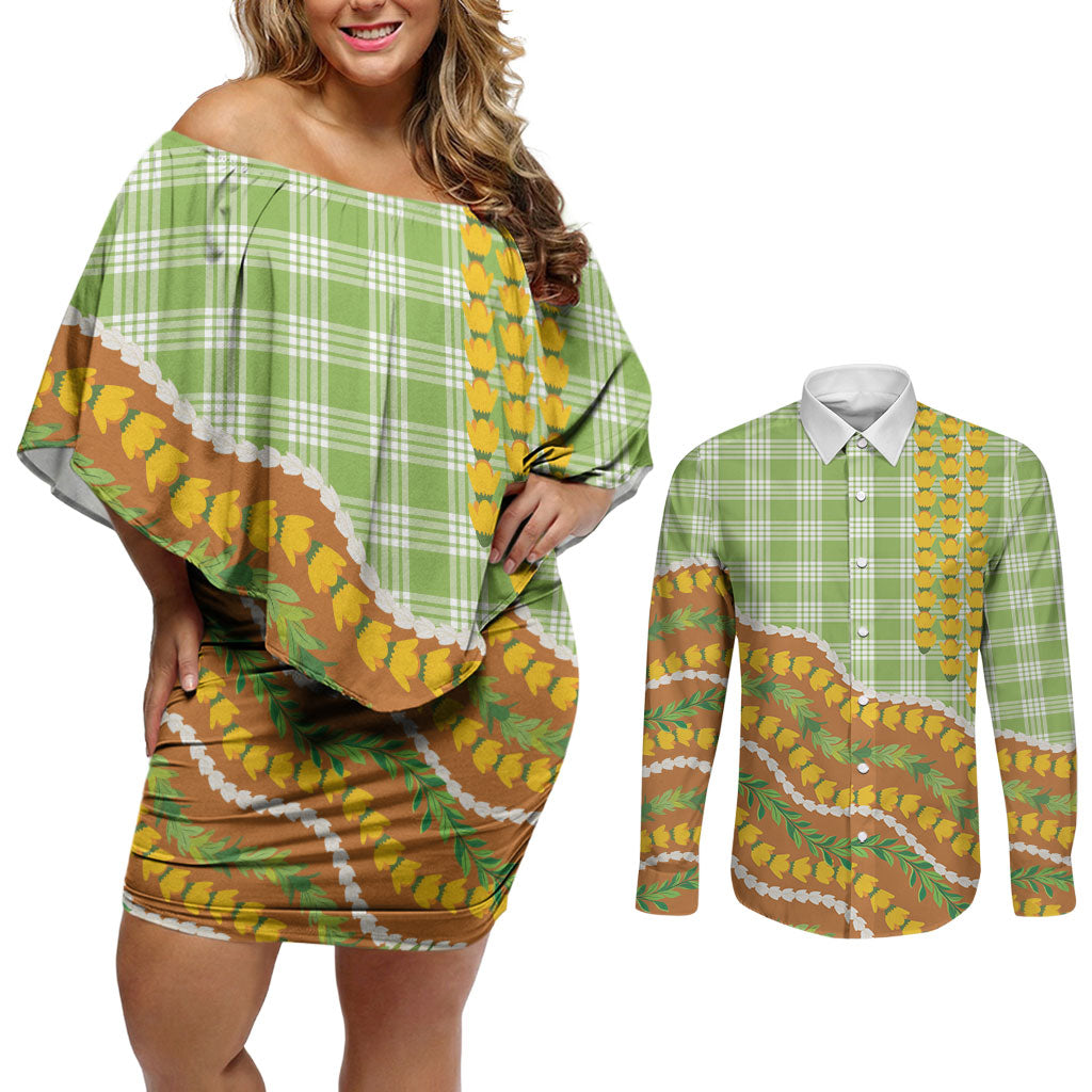 Hawaii Leis Palaka Motifs Couples Matching Off Shoulder Short Dress and Long Sleeve Button Shirt Pikake Pakalana Maile Ilima Kakau Style