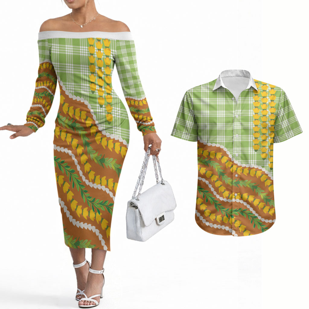 Hawaii Leis Palaka Motifs Couples Matching Off The Shoulder Long Sleeve Dress and Hawaiian Shirt Pikake Pakalana Maile Ilima Kakau Style LT14 Multicolor - Polynesian Pride