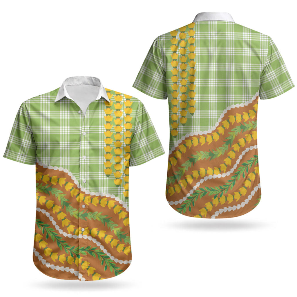 Hawaii Leis Palaka Motifs Couples Matching Off The Shoulder Long Sleeve Dress and Hawaiian Shirt Pikake Pakalana Maile Ilima Kakau Style
