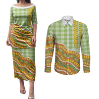Hawaii Leis Palaka Motifs Couples Matching Puletasi and Long Sleeve Button Shirt Pikake Pakalana Maile Ilima Kakau Style