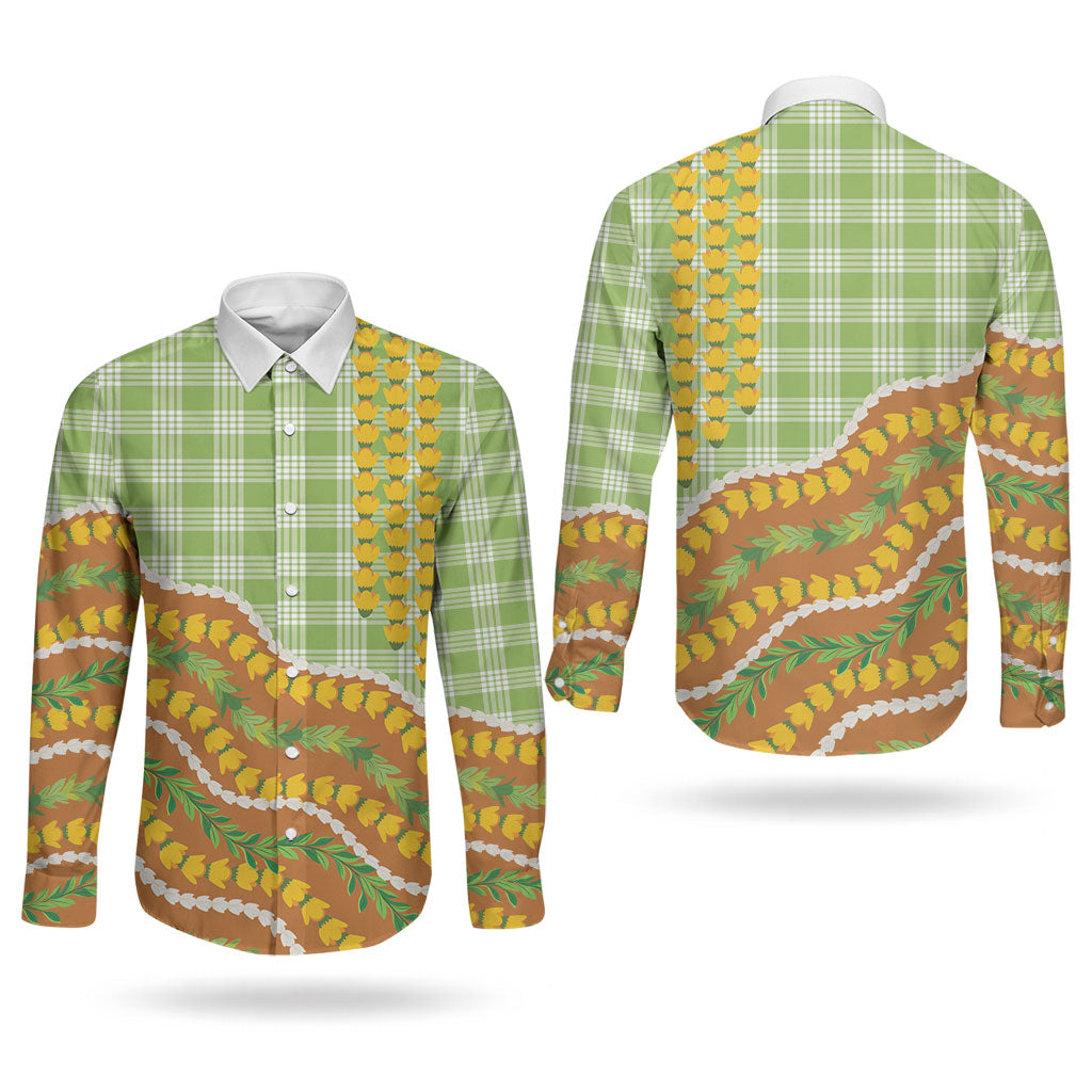 Hawaii Leis Palaka Motifs Couples Matching Puletasi and Long Sleeve Button Shirt Pikake Pakalana Maile Ilima Kakau Style