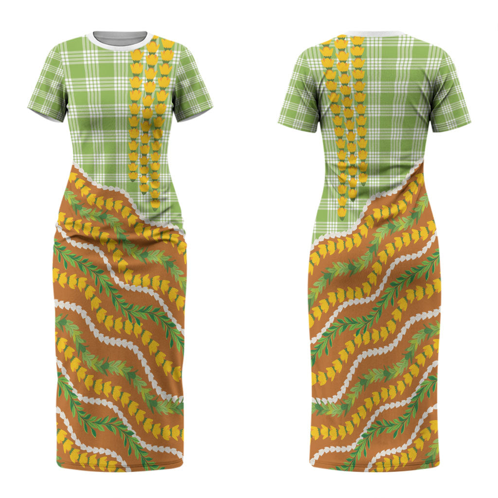 Hawaii Leis Palaka Motifs Couples Matching Short Sleeve Bodycon Dress and Long Sleeve Button Shirt Pikake Pakalana Maile Ilima Kakau Style