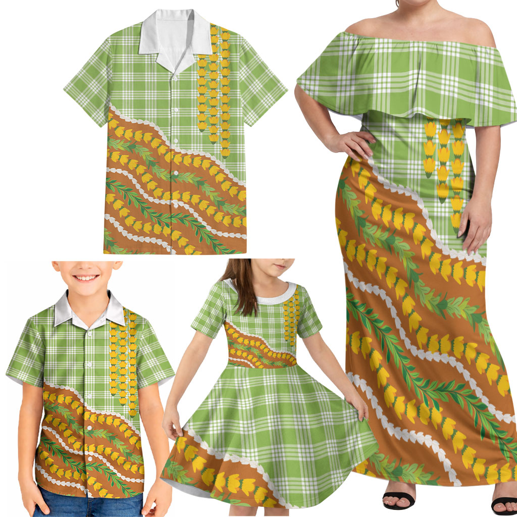 Hawaii Leis Palaka Motifs Family Matching Off Shoulder Maxi Dress and Hawaiian Shirt Pikake Pakalana Maile Ilima Kakau Style LT14 - Polynesian Pride
