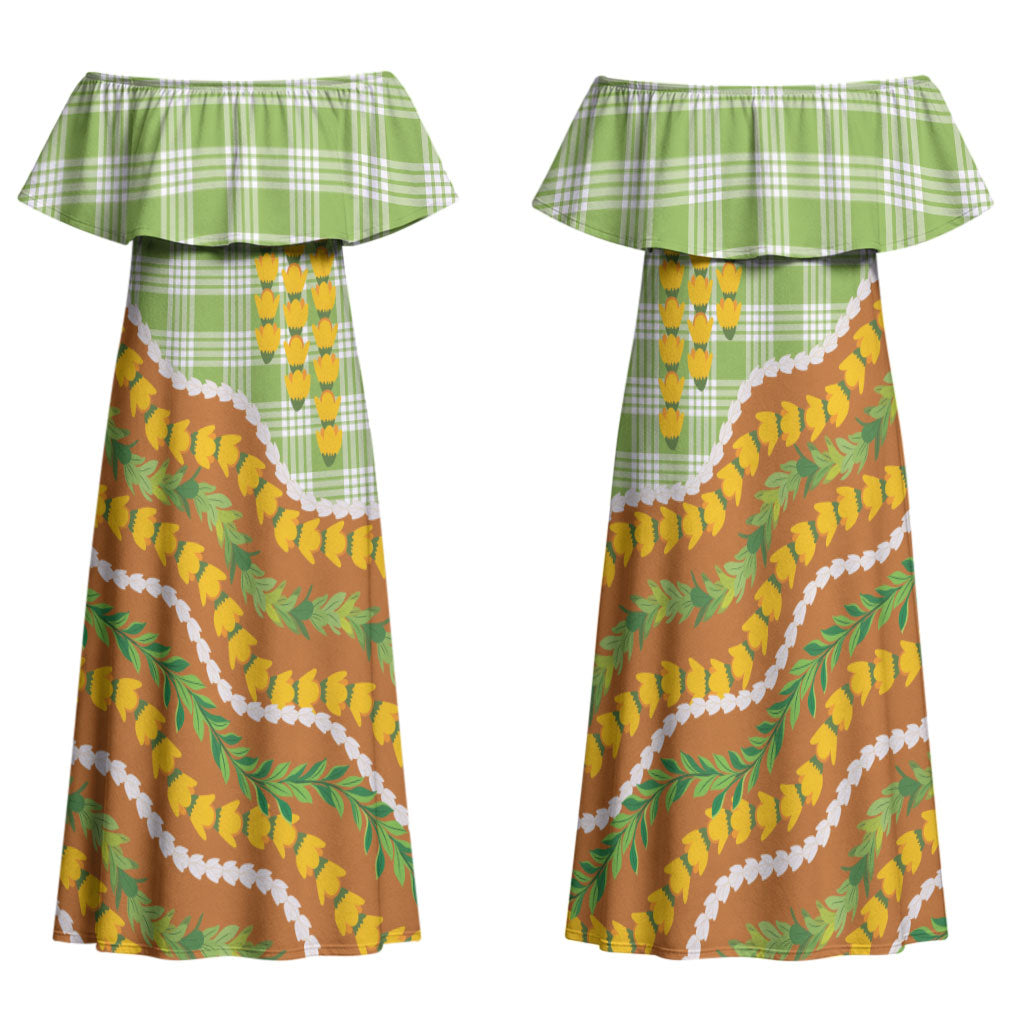 Hawaii Leis Palaka Motifs Family Matching Off Shoulder Maxi Dress and Hawaiian Shirt Pikake Pakalana Maile Ilima Kakau Style