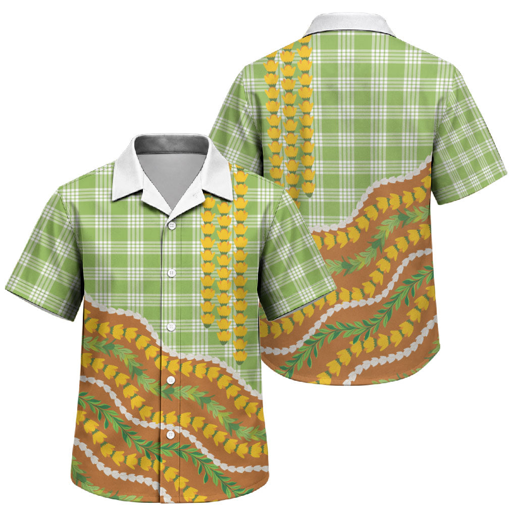 Hawaii Leis Palaka Motifs Family Matching Off Shoulder Short Dress and Hawaiian Shirt Pikake Pakalana Maile Ilima Kakau Style