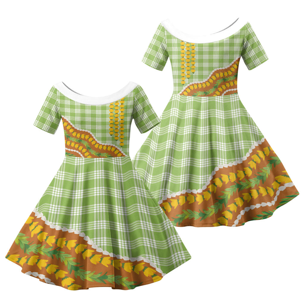 Hawaii Leis Palaka Motifs Family Matching Short Sleeve Bodycon Dress and Hawaiian Shirt Pikake Pakalana Maile Ilima Kakau Style