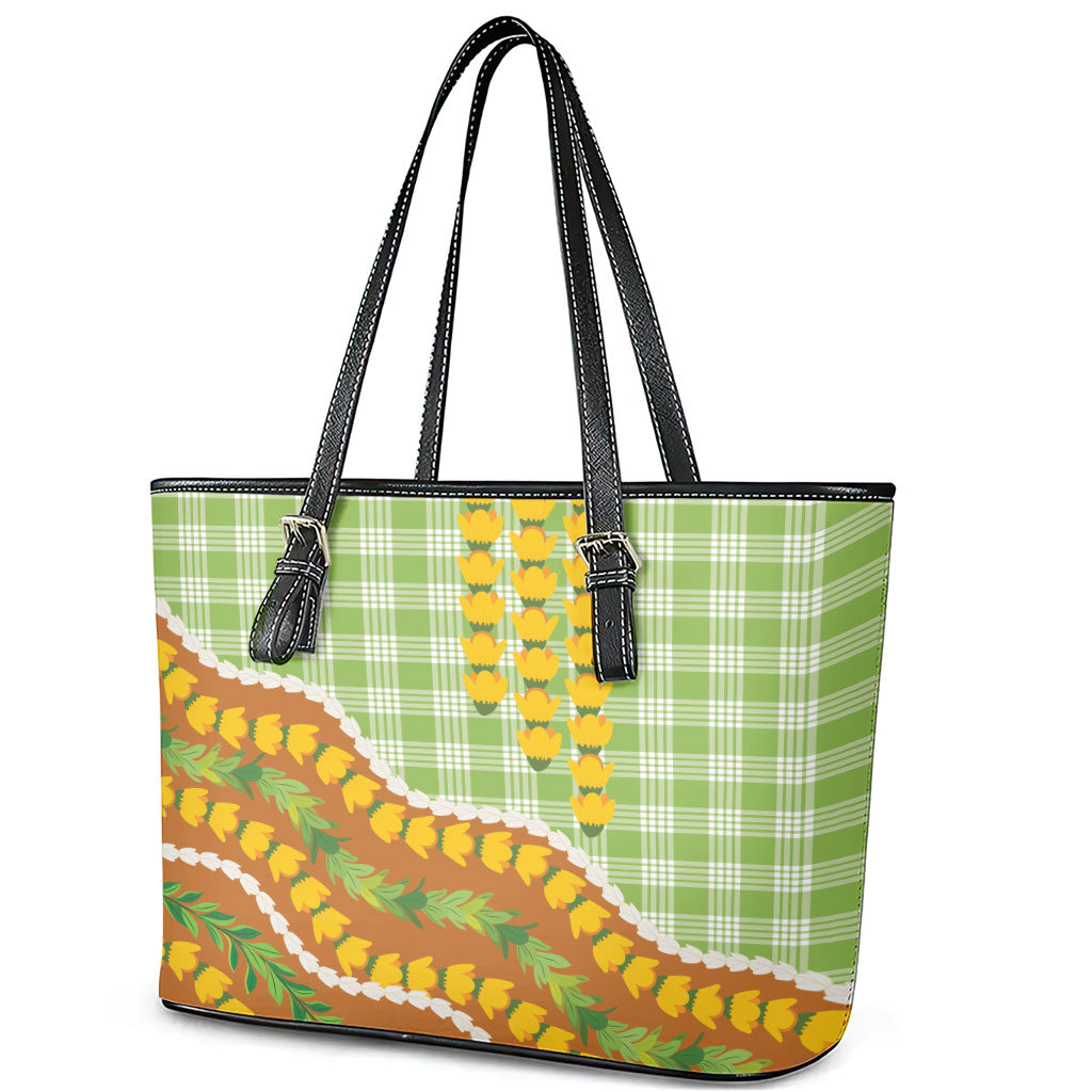 Hawaii Leis Palaka Motifs Leather Tote Bag Pikake Pakalana Maile Ilima Kakau Style