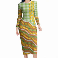 Hawaii Leis Palaka Motifs Long Sleeve Bodycon Dress Pikake Pakalana Maile Ilima Kakau Style