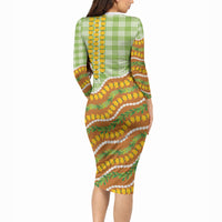 Hawaii Leis Palaka Motifs Long Sleeve Bodycon Dress Pikake Pakalana Maile Ilima Kakau Style