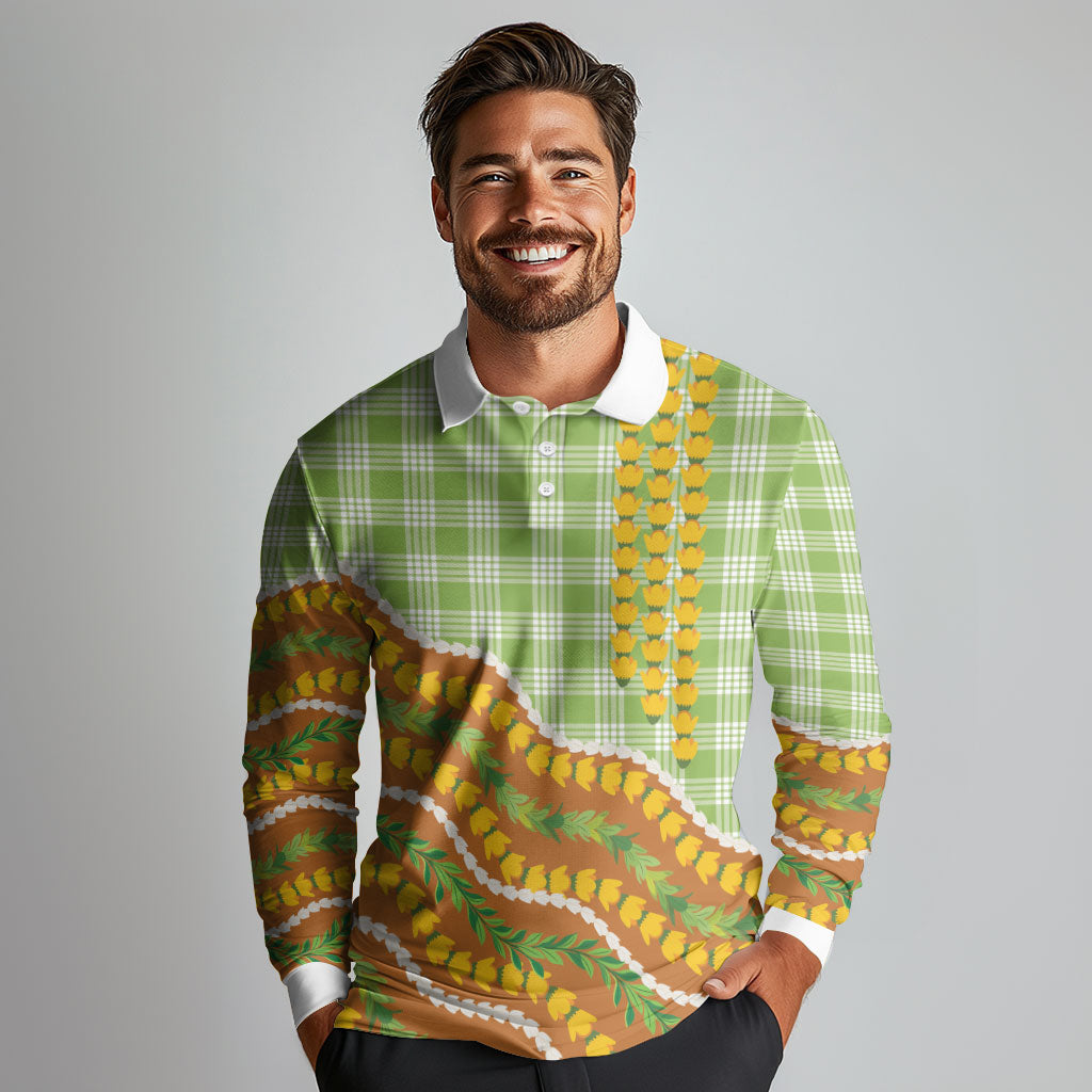 Hawaii Leis Palaka Motifs Long Sleeve Polo Shirt Pikake Pakalana Maile Ilima Kakau Style