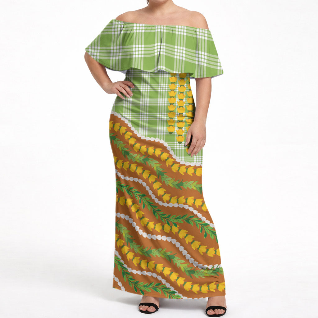 Hawaii Leis Palaka Motifs Off Shoulder Maxi Dress Pikake Pakalana Maile Ilima Kakau Style LT14 Women Multicolor - Polynesian Pride