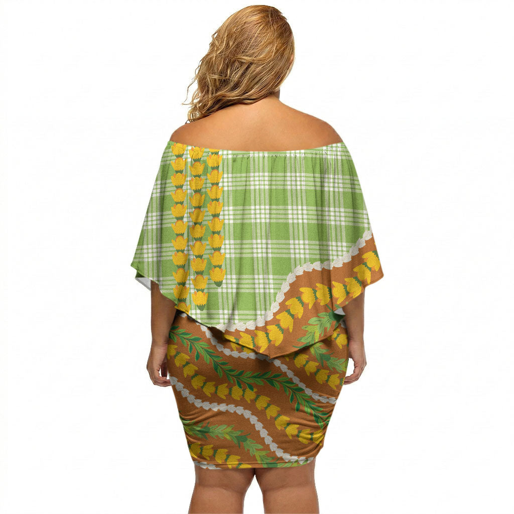 Hawaii Leis Palaka Motifs Off Shoulder Short Dress Pikake Pakalana Maile Ilima Kakau Style