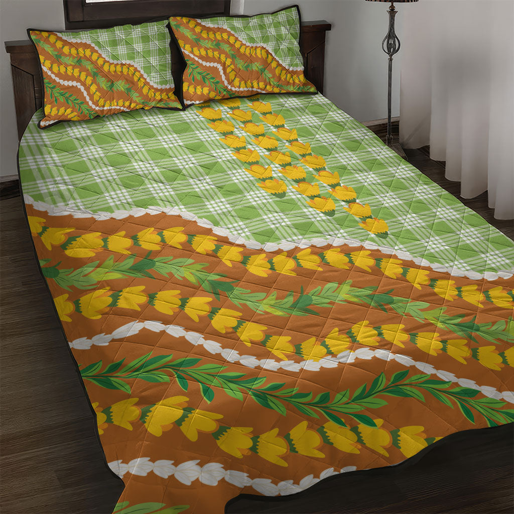Hawaii Leis Palaka Motifs Quilt Bed Set Pikake Pakalana Maile Ilima Kakau Style