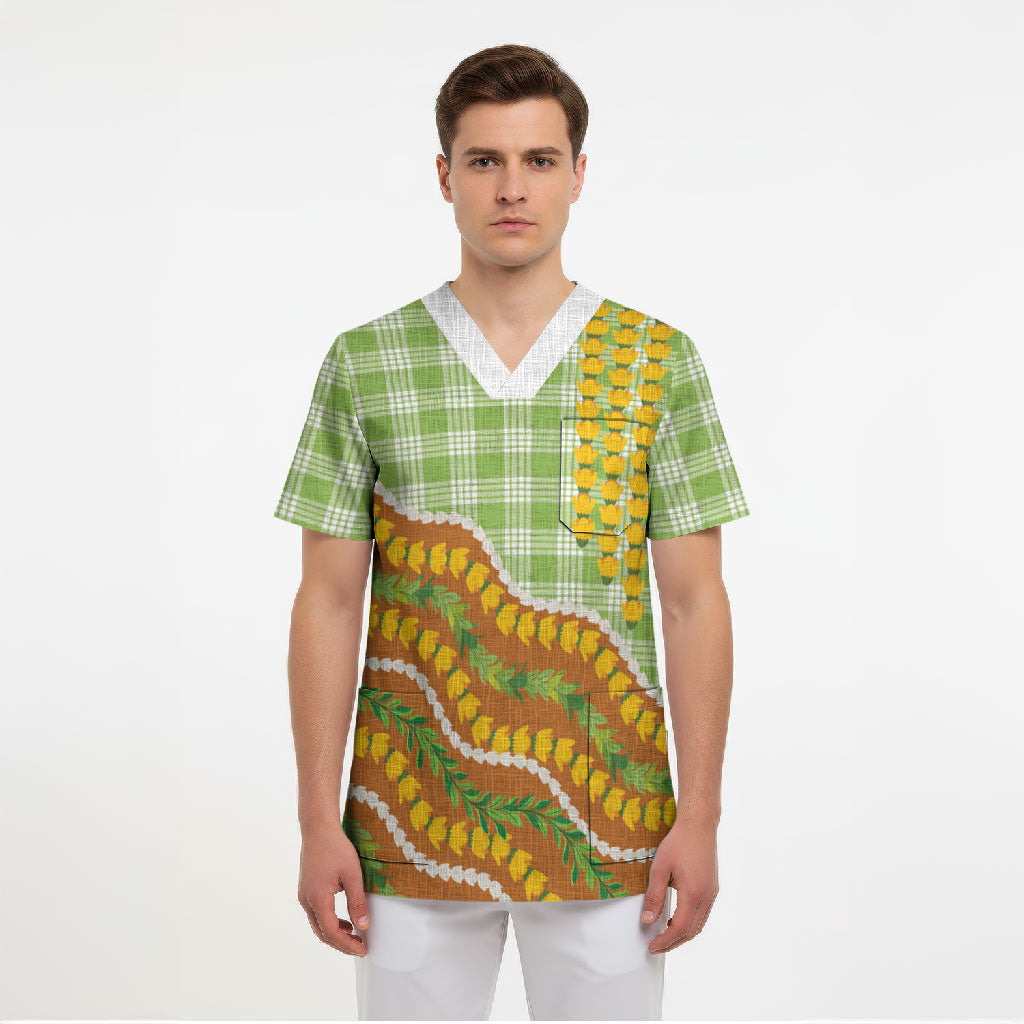 Hawaii Leis Palaka Motifs Scrub Top Pikake Pakalana Maile Ilima Kakau Style