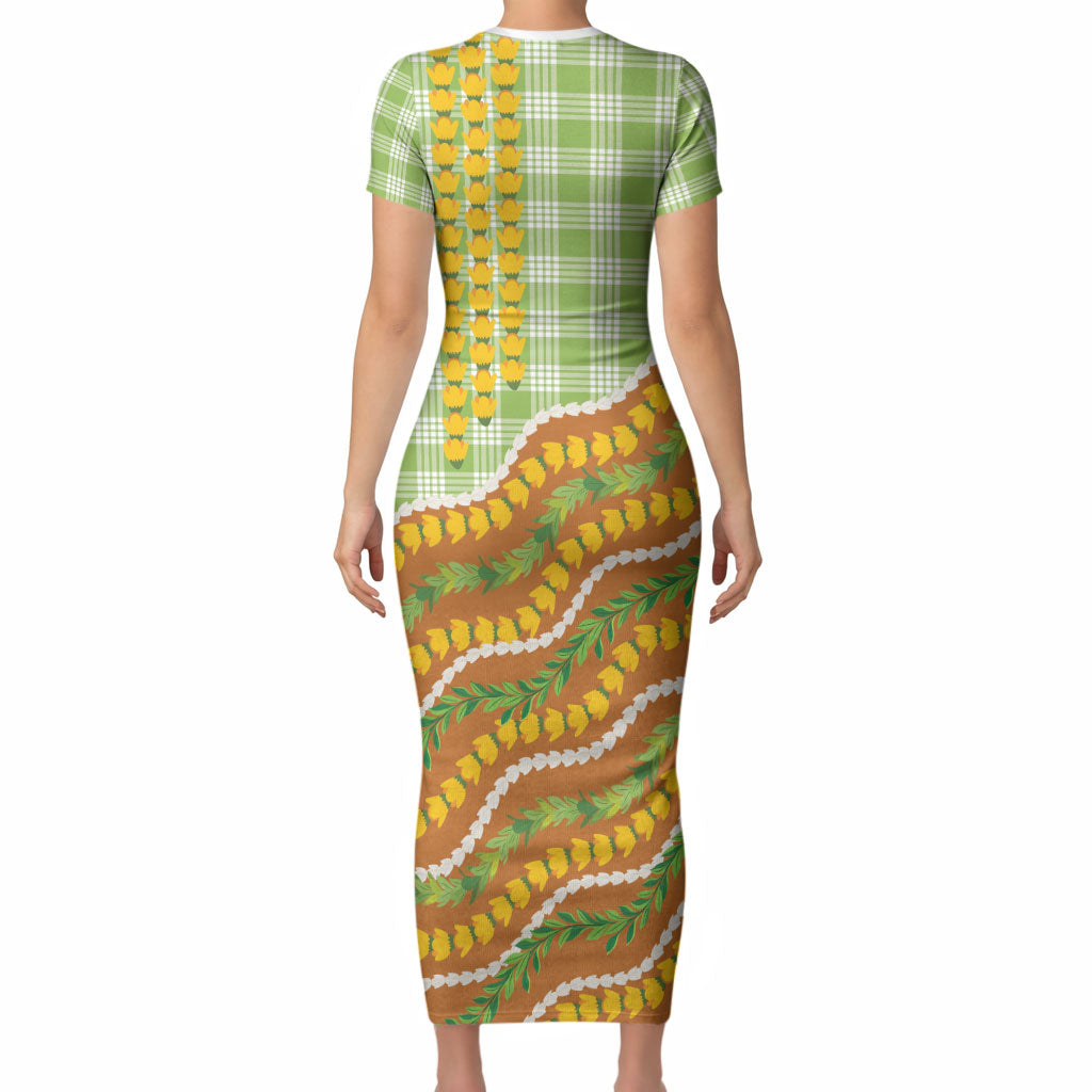 Hawaii Leis Palaka Motifs Short Sleeve Bodycon Dress Pikake Pakalana Maile Ilima Kakau Style